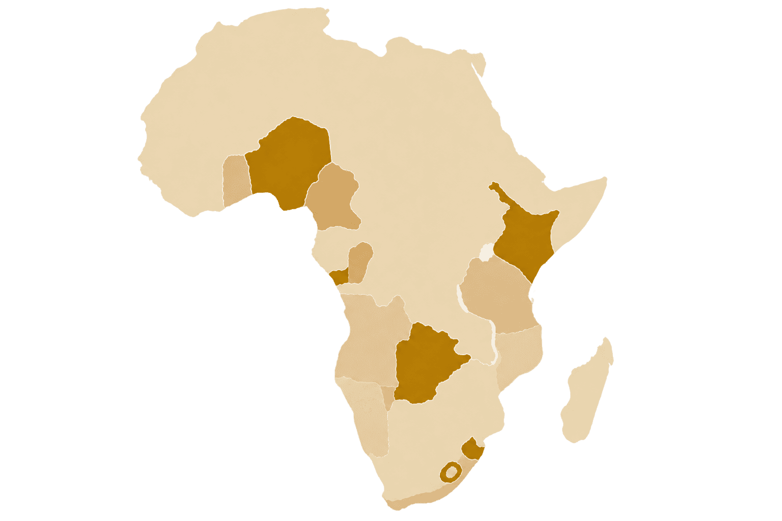 Illustrated map of Africa highlighting West, East and Southern Gold Bar regions